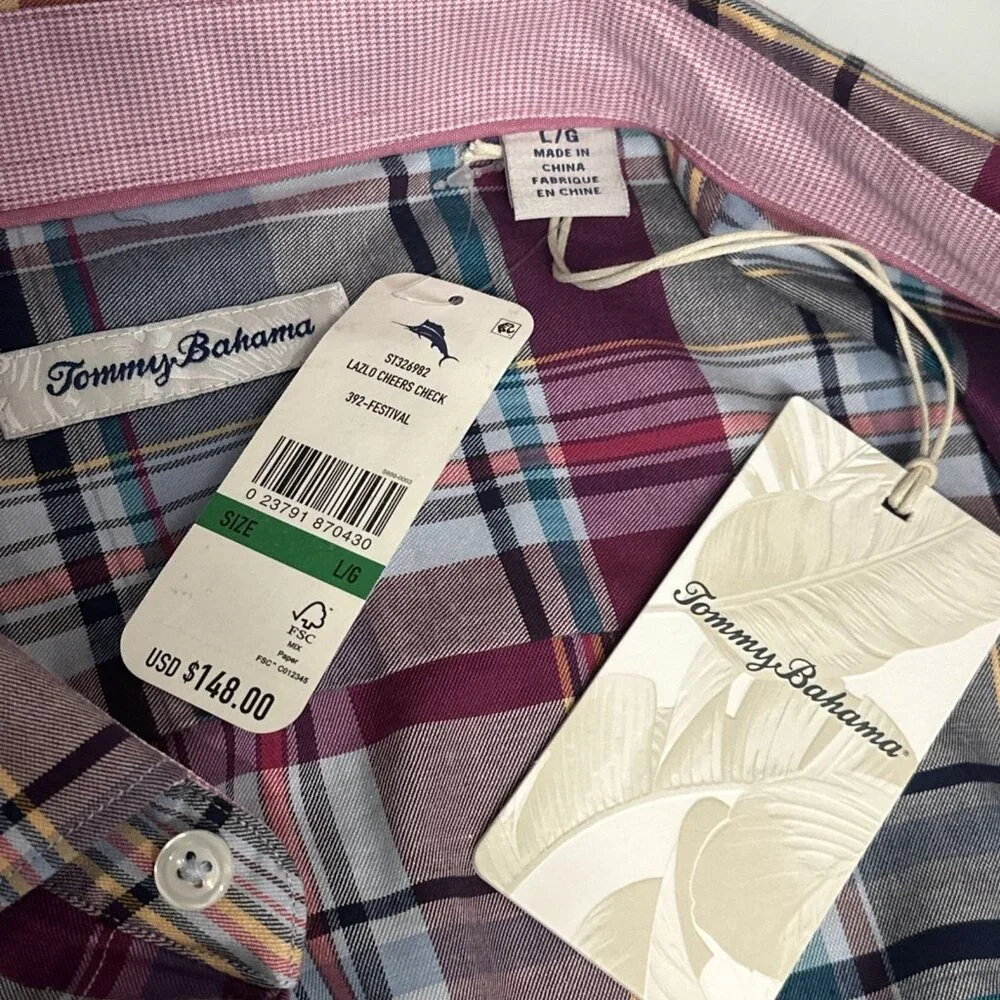 Tommy Bahama Lazlo Cheers Check Button Up Shirt Mens Large Festival Plaid - Picture 6 of 9